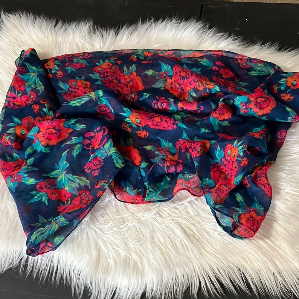 Blue pink semi sheer floral infinity scarf